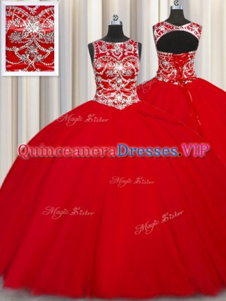 Eye-catching Tulle Scoop Sleeveless Lace Up Beading Sweet 16 Dress in Red