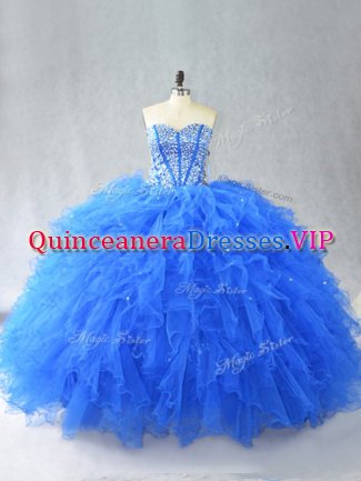 Floor Length Lace Up Ball Gown Prom Dress Blue for Sweet 16 and Quinceanera with Beading and Ruffles