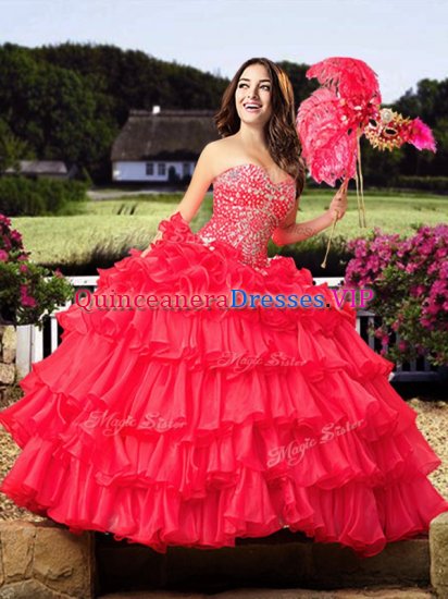 Dazzling Sleeveless Organza Floor Length Lace Up Sweet 16 Dresses in Coral Red with Beading and Ruffled Layers - Click Image to Close