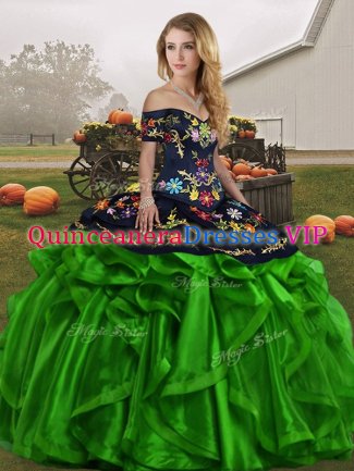 Low Price Green Lace Up Off The Shoulder Embroidery and Ruffles 15 Quinceanera Dress Organza Sleeveless