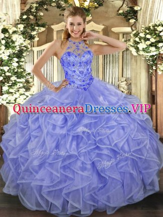 Custom Fit Halter Top Sleeveless Organza Quince Ball Gowns Beading and Ruffles Lace Up