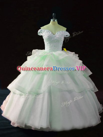 Glamorous Apple Green Sleeveless Beading and Ruffled Layers Lace Up Quinceanera Gown - Click Image to Close