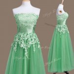 Green Empire Strapless Sleeveless Tulle Tea Length Lace Up Appliques Dama Dress(SKU SWBD136-2BIZ)