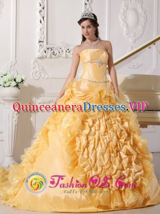 Carno Powys Exquisite Gold Quinceanera Dress For Strapless Chapel Train Taffeta and Organza pick-ups Beading Decorate Wasit Ball Gown