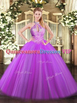 High Class Floor Length Purple Quinceanera Gown Tulle Sleeveless Sequins