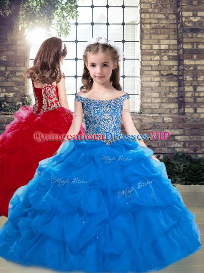 Ball Gowns Little Girls Pageant Gowns Blue Off The Shoulder Organza Sleeveless Floor Length Lace Up - Click Image to Close