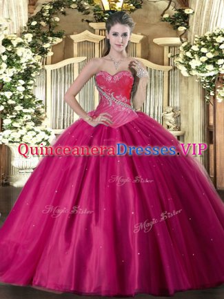 Fuchsia Sleeveless Beading Floor Length Quinceanera Gowns