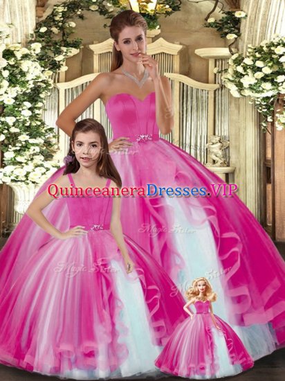 Hot Pink Ball Gowns Ruffles 15 Quinceanera Dress Lace Up Tulle Sleeveless Floor Length - Click Image to Close