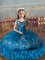 Floor Length Blue Little Girls Pageant Dress Satin and Organza Sleeveless Embroidery and Ruffled Layers