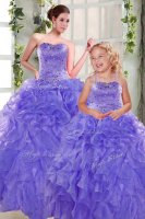 Delicate Lavender Lace Up Strapless Beading and Ruffles 15th Birthday Dress Organza Sleeveless