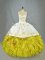 Yellow Sleeveless Brush Train Beading and Embroidery and Ruffles 15th Birthday Dress