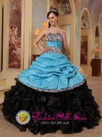 Bergara Spain Aque Blue and Black Zebra Ruffles and Sash Safford strapless Quinceanera Dresses With Pick-ups For Graduation