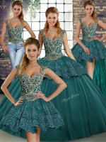 Most Popular Green Ball Gowns Tulle Straps Sleeveless Beading and Appliques Floor Length Lace Up Sweet 16 Dresses(SKU SJQDDT2134008BIZ)