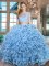 Scoop Baby Blue Organza Zipper Vestidos de Quinceanera Cap Sleeves Floor Length Beading and Appliques and Ruffles