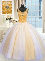 Discount Sleeveless Floor Length Beading and Sequins Lace Up Quinceanera Dresses with Multi-color