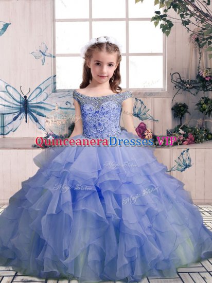 Best Lavender Ball Gowns Off The Shoulder Sleeveless Organza Floor Length Lace Up Beading and Ruffles Little Girls Pageant Dress - Click Image to Close