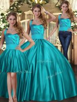 Teal Three Pieces Satin Halter Top Sleeveless Ruching Floor Length Lace Up Sweet 16 Dress(SKU SJQDDT1645007BIZ)