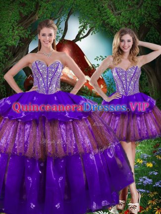 Multi-color Organza Lace Up 15th Birthday Dress Sleeveless Floor Length Beading and Ruffled Layers and Sequins