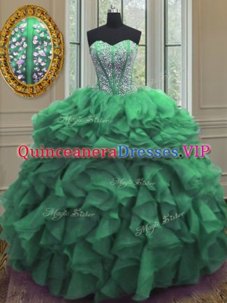 Hot Sale Green Quinceanera Dress Military Ball and Sweet 16 and Quinceanera with Beading and Ruffles Sweetheart Sleeveless Lace Up