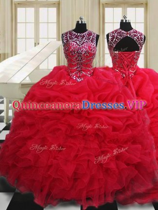 Colorful Scoop Red Lace Up Quinceanera Dresses Beading and Pick Ups Sleeveless Floor Length