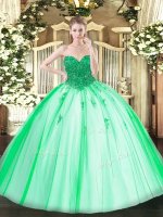 Cheap Turquoise Ball Gowns Beading Sweet 16 Dress Lace Up Tulle Sleeveless Floor Length