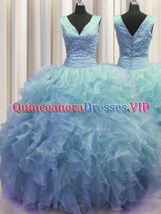 V Neck Zipper Up Baby Blue Ball Gowns Ruffles Ball Gown Prom Dress Zipper Organza Sleeveless Floor Length