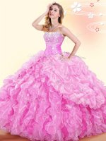 Free and Easy Pick Ups Rose Pink Sleeveless Organza Lace Up Sweet 16 Dresses for Military Ball and Sweet 16 and Quinceanera