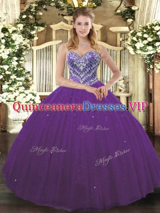 Romantic Purple Ball Gowns Sweetheart Sleeveless Tulle Floor Length Lace Up Beading Quinceanera Gown