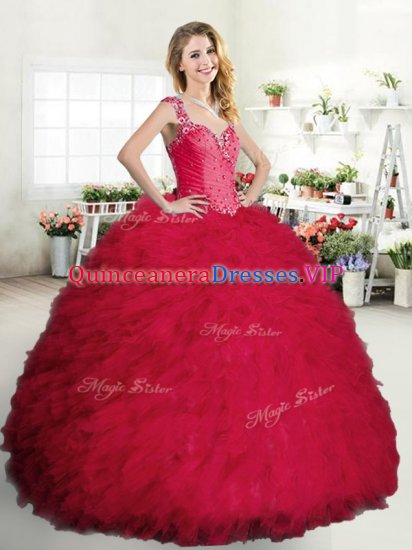 Straps Tulle Sleeveless Floor Length 15 Quinceanera Dress and Beading and Ruffles - Click Image to Close