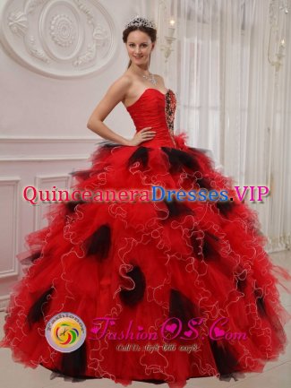 Beautiful Red and Black Quinceanera Dress Sweetheart Orangza Beading and Ruffles Decorate Bodice Elegant Ball Gown in Clayton CA