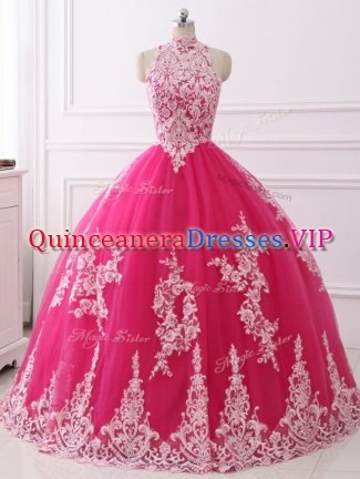 Super High-neck Sleeveless Quince Ball Gowns Floor Length Lace Hot Pink Tulle