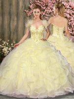 Spectacular Floor Length Light Yellow Ball Gown Prom Dress Tulle Sleeveless Beading and Ruffles