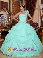 Kangasniemi Finland Fashionable Baby Blue One Shoulder Sweet 16 Dress With Appliques and Pick-ups For Formal Evening