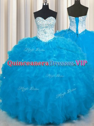 Baby Blue Ball Gowns Tulle Sweetheart Sleeveless Beading and Ruffles Floor Length Lace Up Quinceanera Dress