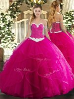 Fine Fuchsia Sleeveless Floor Length Appliques and Ruffles Lace Up Military Ball Gowns