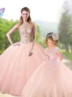 Top Selling Scoop Sleeveless Lace Up Sweet 16 Dresses Peach Tulle