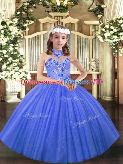 Tulle Halter Top Sleeveless Lace Up Appliques Pageant Dress for Girls in Blue - Click Image to Close