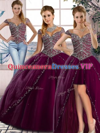 Purple Ball Gowns Beading Sweet 16 Dress Lace Up Tulle Cap Sleeves