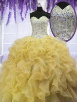 Inexpensive Gold Ball Gowns Sweetheart Sleeveless Organza Floor Length Lace Up Beading and Ruffles Ball Gown Prom Dress