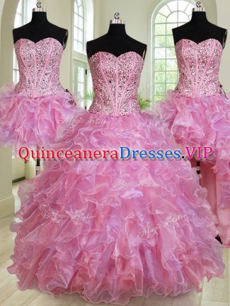 Exceptional Four Piece Multi-color Organza Lace Up Sweetheart Sleeveless Floor Length Quince Ball Gowns Beading and Ruffles