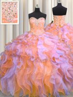 Beading and Appliques and Ruffles Military Ball Gown Multi-color Lace Up Sleeveless Floor Length