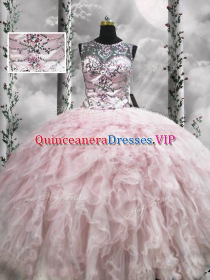 Exquisite Pink Sleeveless Beading and Ruffles Floor Length Quinceanera Gown - Click Image to Close