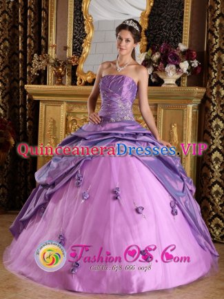 Wall South Dakota/SD Hand Made Flowers Appliques Stylish Lavender Quinceanera Dress For Strapless Taffeta Ball Gown