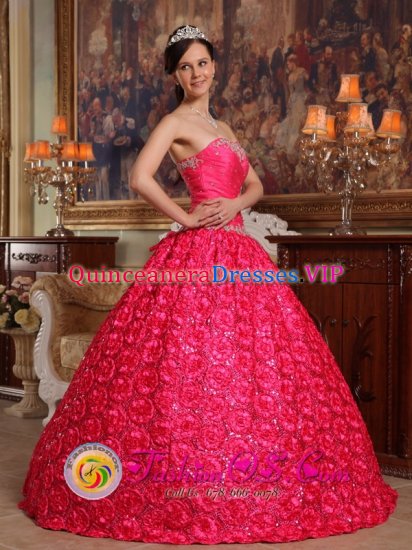 Fabric With Rolling Flower Appliques Decorate Up Bodice Coral Red Graceful Ball Gown For Bisho South Africa Quinceanera Dress - Click Image to Close