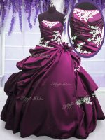 Purple Ball Gowns Taffeta Strapless Sleeveless Appliques and Pick Ups Floor Length Lace Up Sweet 16 Quinceanera Dress