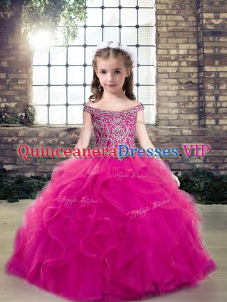 Nice Fuchsia Lace Up Off The Shoulder Beading and Ruffles Pageant Dress for Teens Tulle Sleeveless