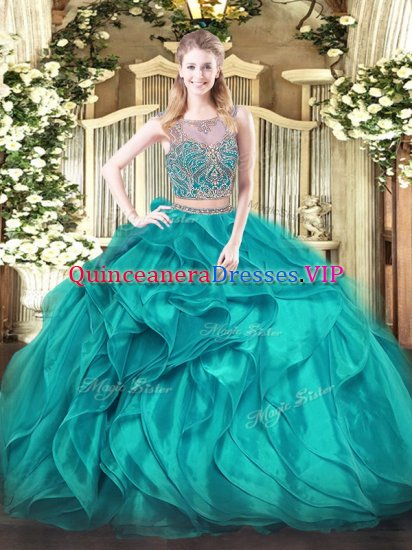 Sleeveless Floor Length Beading and Ruffles Lace Up Quinceanera Dresses with Teal - Click Image to Close