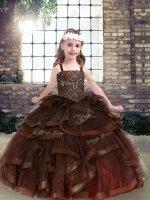 Brown Straps Neckline Beading and Ruffles Girls Pageant Dresses Sleeveless Lace Up