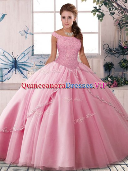 Sweet Rose Pink Sleeveless Brush Train Beading Sweet 16 Dress - Click Image to Close