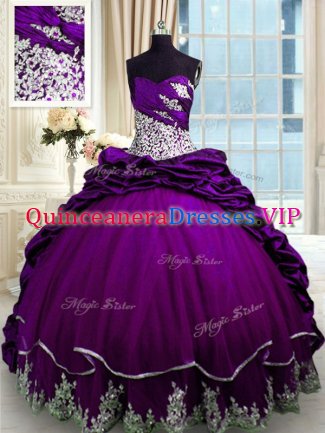 Ideal Taffeta Sleeveless With Train Quinceanera Gowns Brush Train and Beading and Appliques and Pick Ups